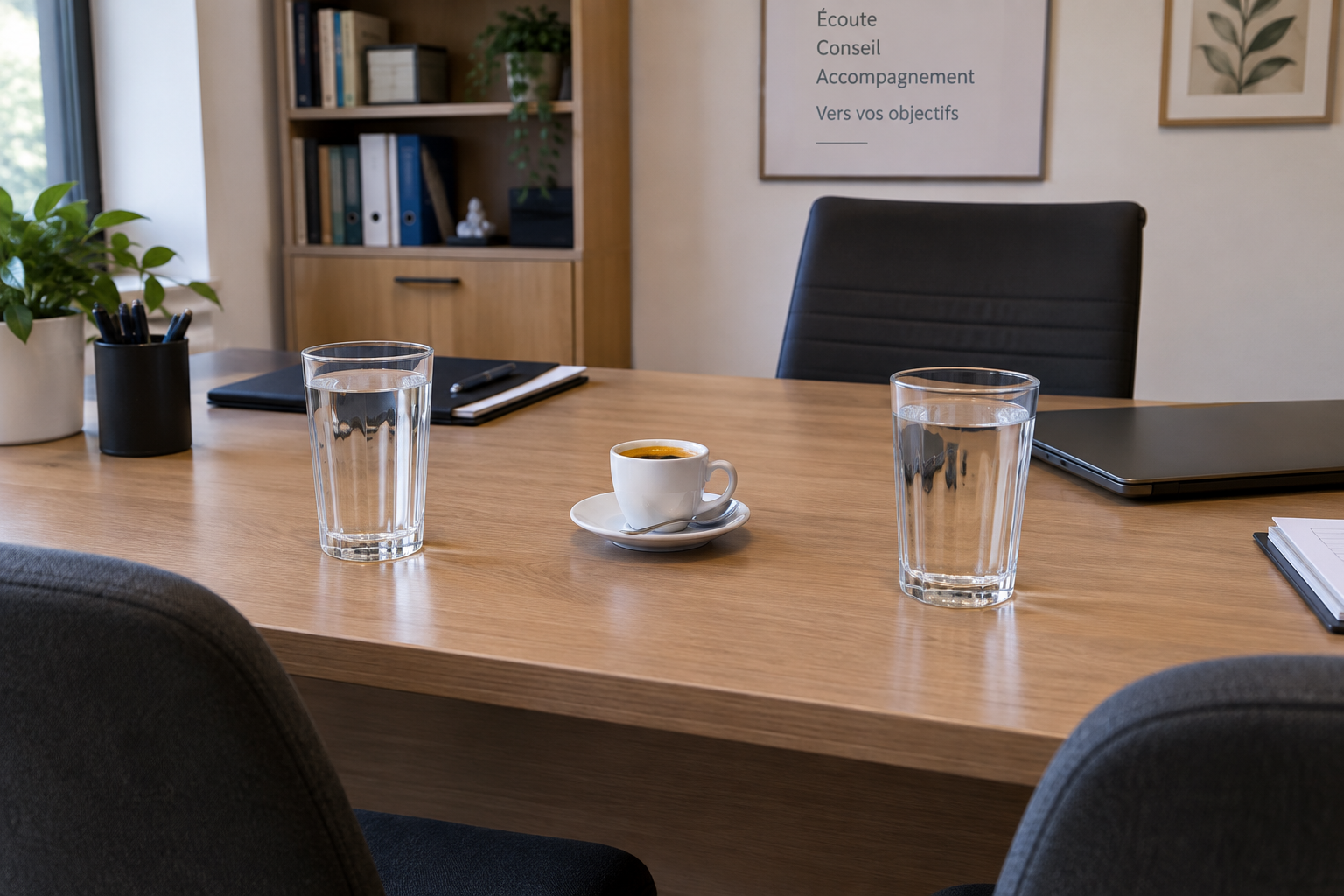 Tasse de café posée sur la table d’un espace d’entretien chaleureux.